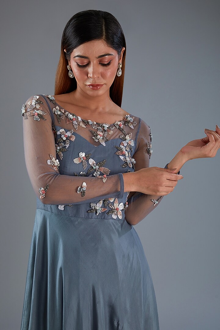 Blue Shaded Habutai Silk Floral Embroidered Party Wear Gown by Label Manasi at Pernia's Pop Up Shop