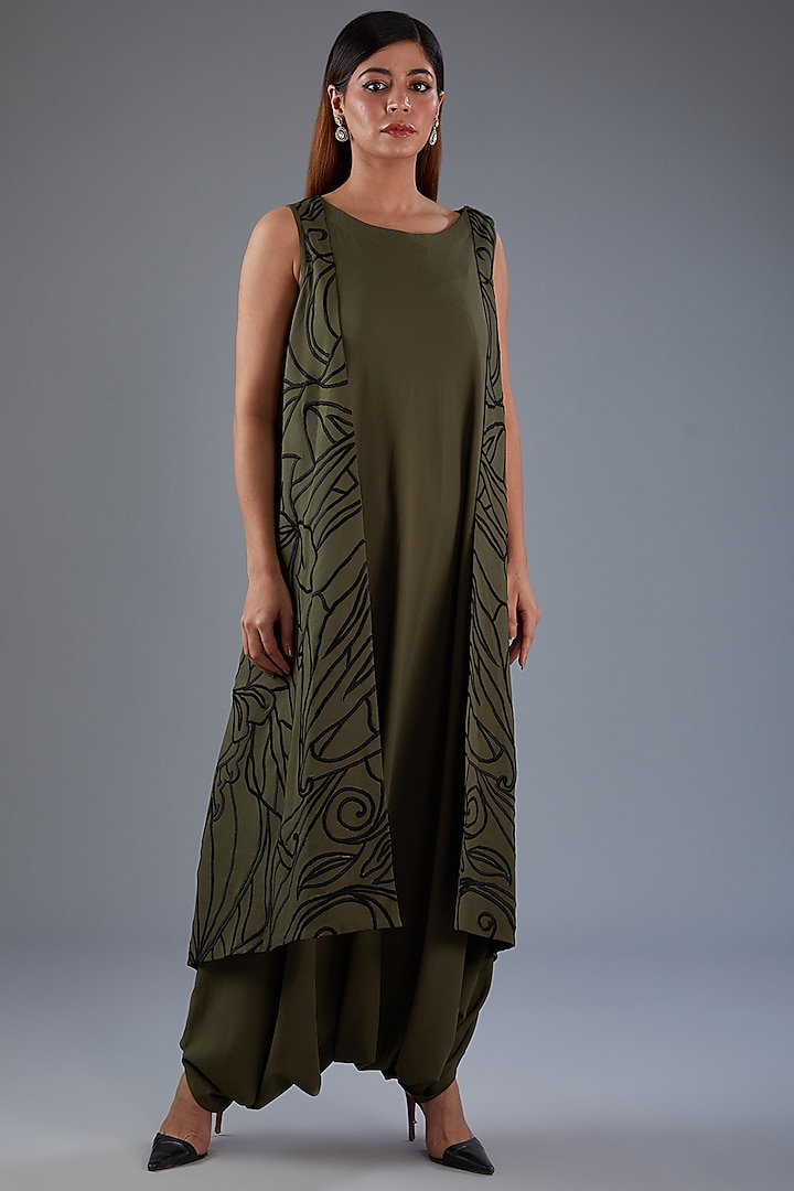 Green Moss Crepe Thread Embroidered Draped Jumpsuit by Label Manasi