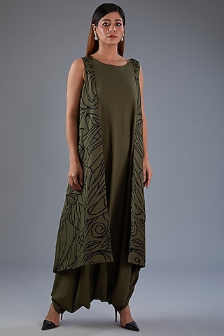Green Moss Crepe Thread Embroidered Draped Jumpsuit by Label Manasi