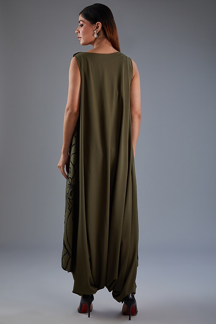 Green Moss Crepe Thread Embroidered Draped Jumpsuit by Label Manasi at Pernia's Pop Up Shop