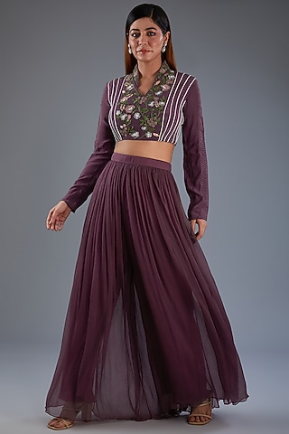 Purple Chiffon Flared Pant Set by Label Manasi