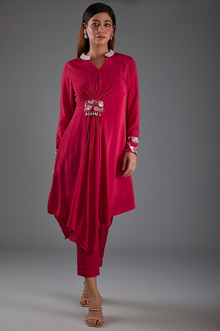 Pink Bemberg Crepe Sequins Embroidered Tunic Set by Label Manasi