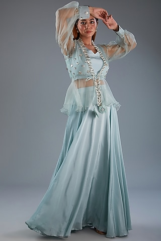 Blue Bemberg Crepe Skirt Set by Label Manasi