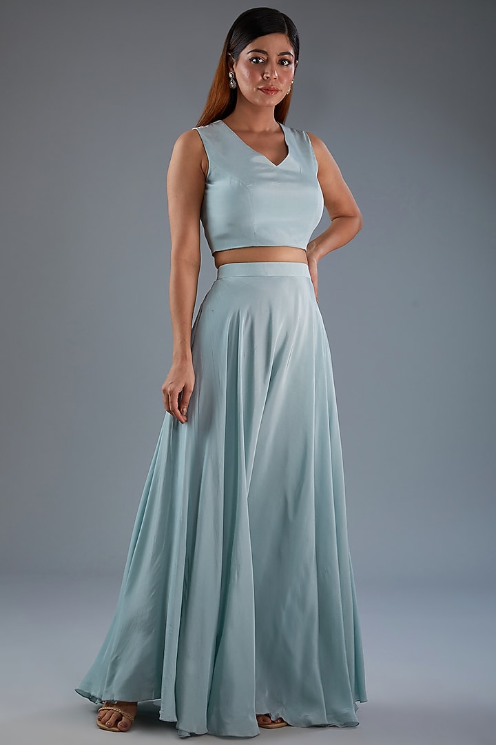 Blue Bemberg Crepe Skirt Set by Label Manasi at Pernia's Pop Up Shop
