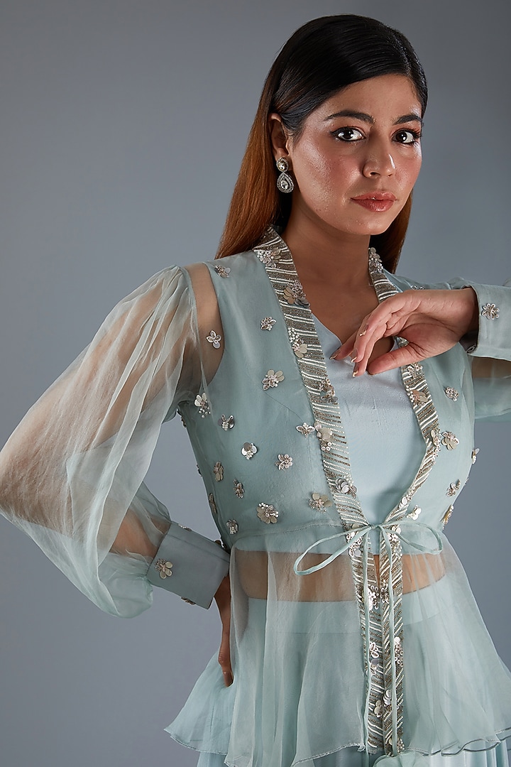 Blue Bemberg Crepe Skirt Set by Label Manasi at Pernia's Pop Up Shop