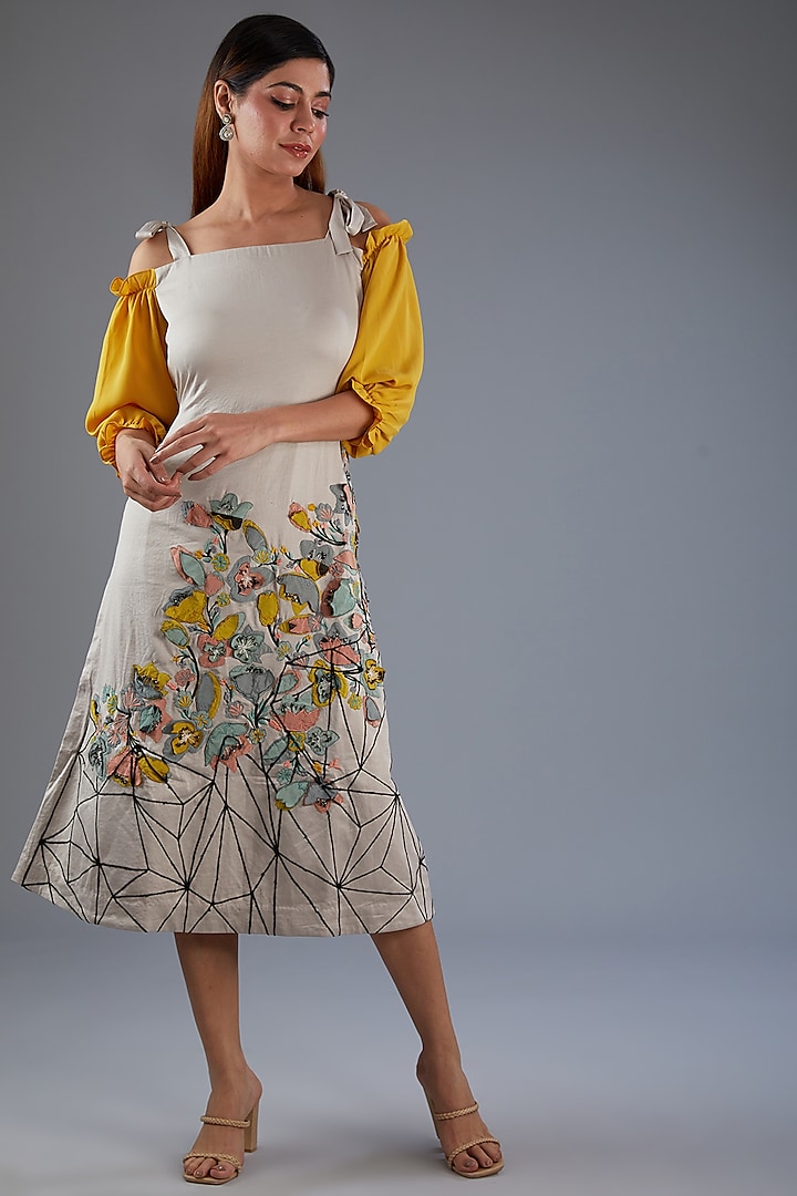 Grey Sandwash Satin 3D Floral Embroidered Dress by Label Manasi