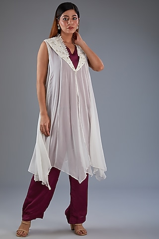 White Georgette Moti Embroidered Jacket by Label Manasi