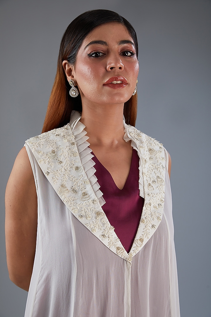 White Georgette Moti Embroidered Jacket by Label Manasi at Pernia's Pop Up Shop