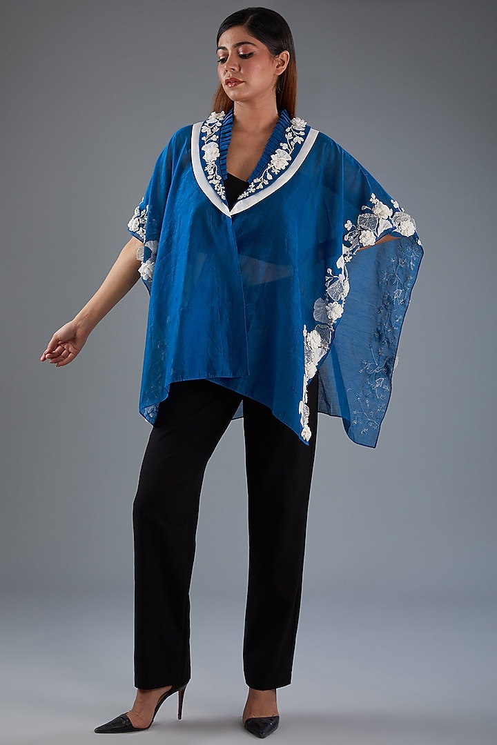 Blue Chanderi Floral Embroidered Kaftan Cape by Label Manasi