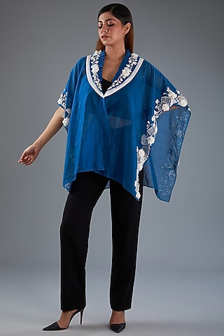 Blue Chanderi Floral Embroidered Kaftan Cape by Label Manasi