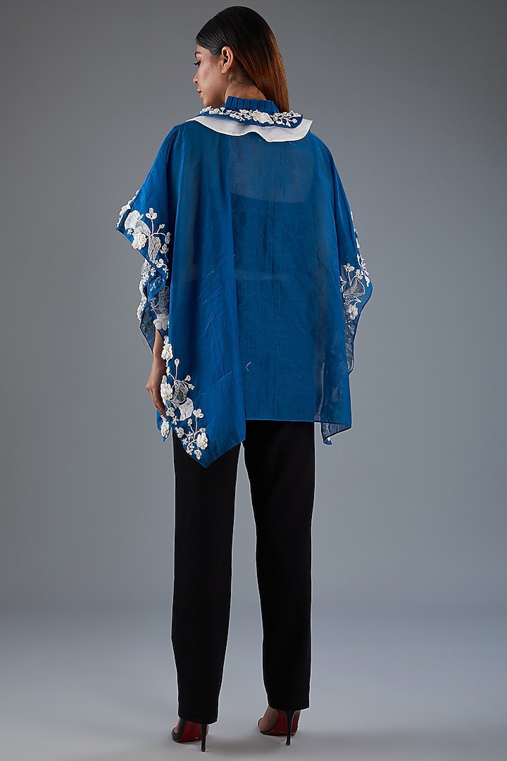 Blue Chanderi Floral Embroidered Kaftan Cape by Label Manasi at Pernia's Pop Up Shop
