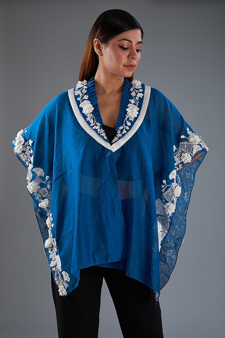 Blue Chanderi Floral Embroidered Kaftan Cape by Label Manasi at Pernia's Pop Up Shop