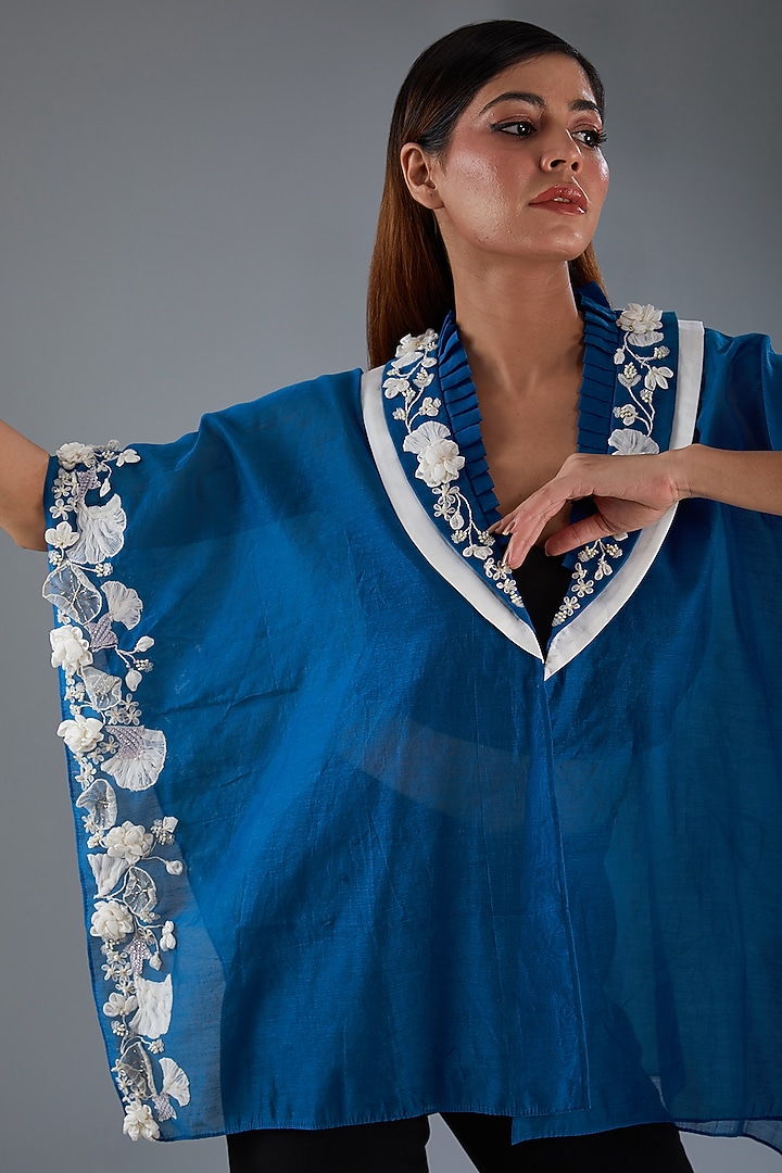Blue Chanderi Floral Embroidered Kaftan Cape by Label Manasi at Pernia's Pop Up Shop