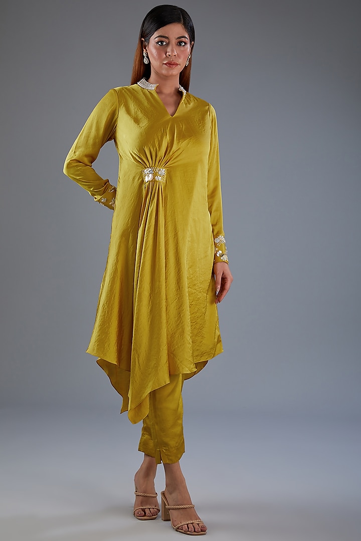 Yellow Bemberg Crepe Sequins Embroidered Tunic Set by Label Manasi