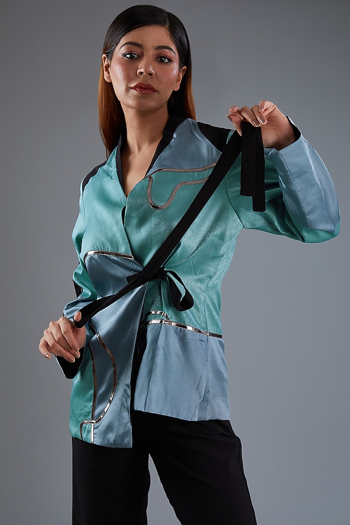Blue Sandwash Satin Coat by Label Manasi at Pernia's Pop Up Shop