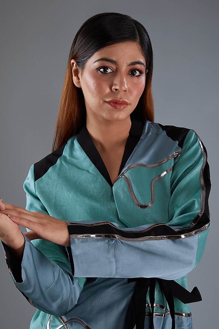 Blue Sandwash Satin Coat by Label Manasi at Pernia's Pop Up Shop
