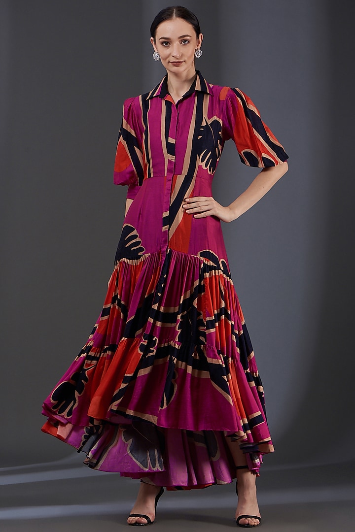 Pink Printed Tiered Dress by Label Manasi