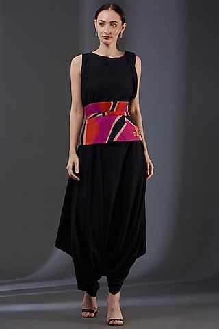 Black Moss Crepe Jumpsuit With Belt by Label Manasi