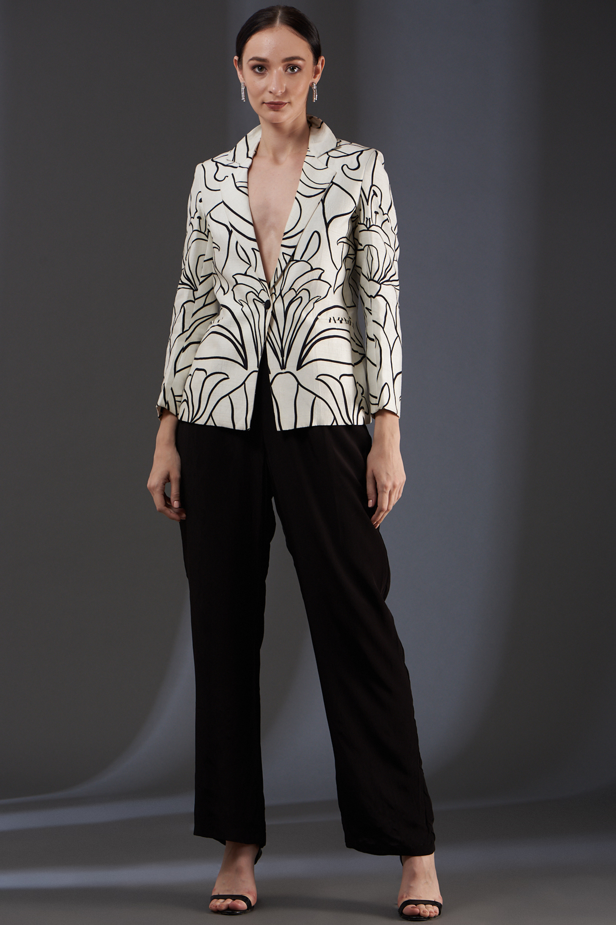 White Printed Raw Silk Blazer by Label Manasi