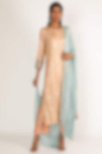 Peach & Blue Sequins Embroidered Kurta Set by LACHESIS
