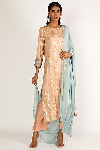 Peach & Blue Sequins Embroidered Kurta Set by LACHESIS