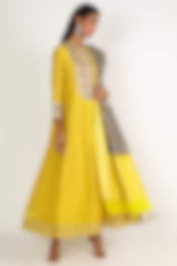Yellow & Grey Embroidered Anarkali Set by LACHESIS