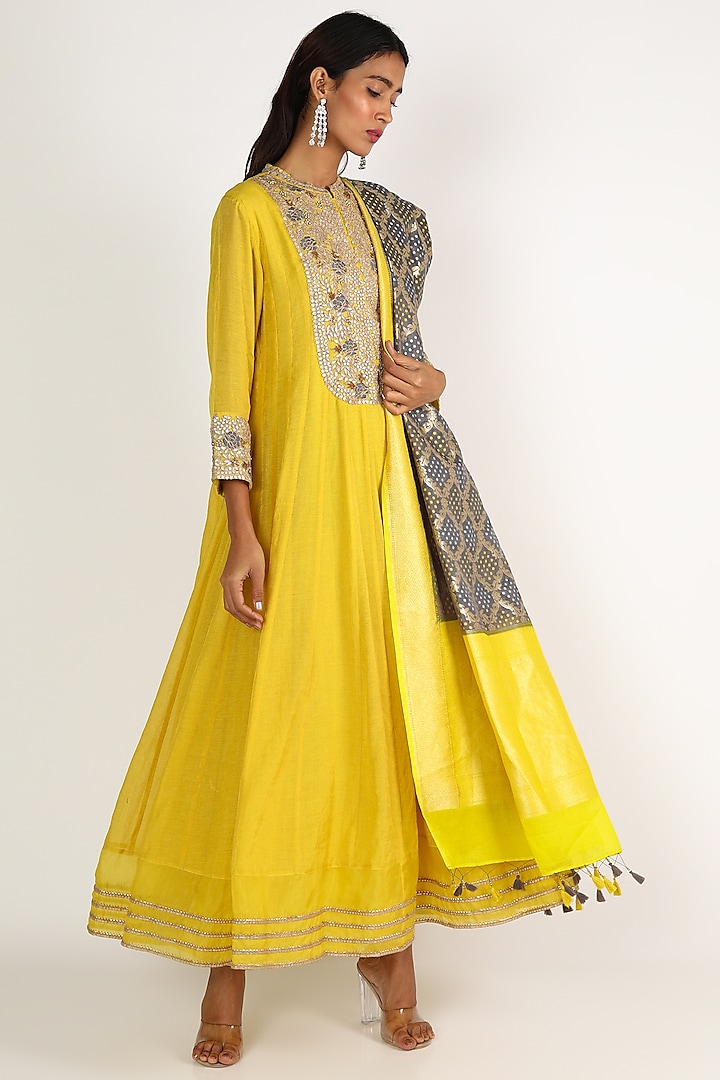 Yellow & Grey Embroidered Anarkali Set by LACHESIS