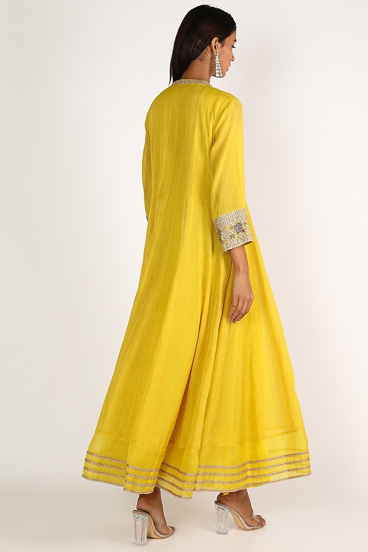 Yellow & Grey Embroidered Wedding Anarkali Set by LACHESIS at Pernia's Pop Up Shop
