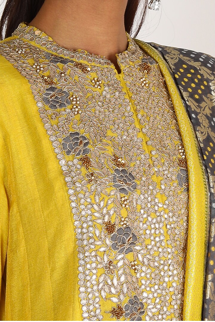 Yellow & Grey Embroidered Wedding Anarkali Set by LACHESIS at Pernia's Pop Up Shop