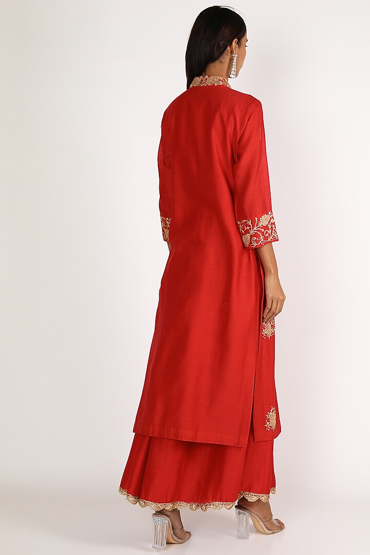 Red & Grey Embroidered Kurta Set by LACHESIS at Pernia's Pop Up Shop