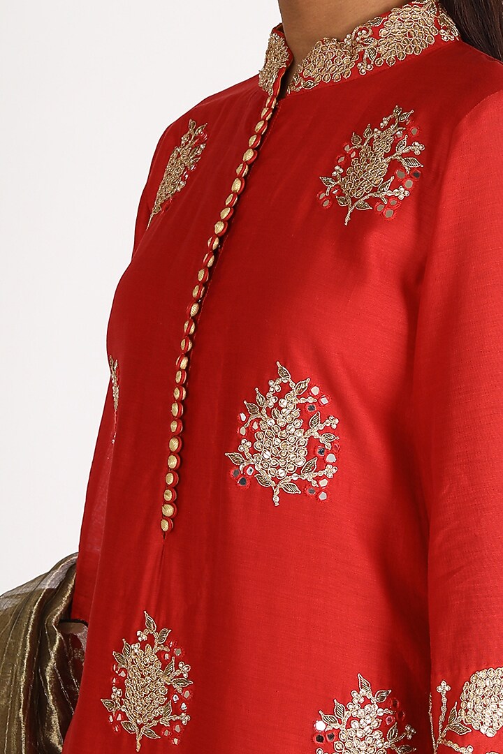 Red & Grey Embroidered Kurta Set by LACHESIS at Pernia's Pop Up Shop