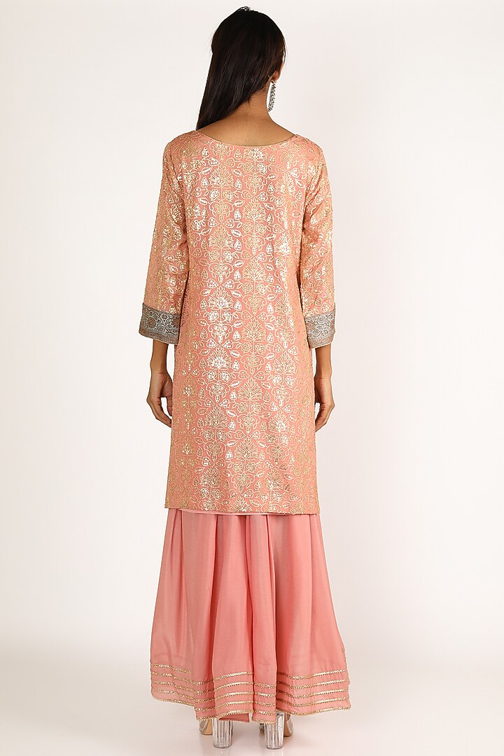 Peach Chiffon Embroidered Kurta Set by LACHESIS at Pernia's Pop Up Shop