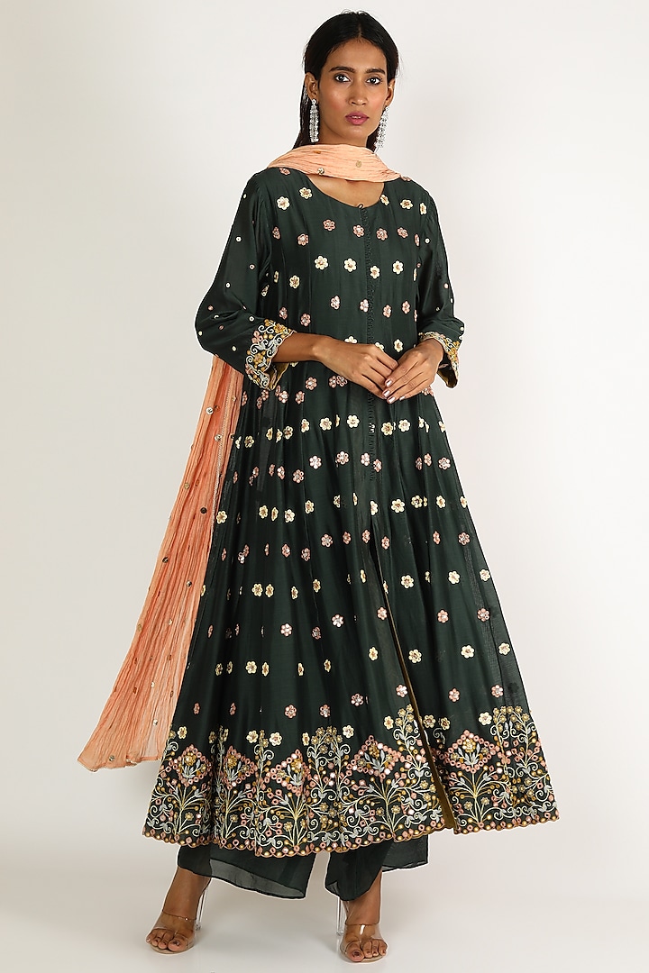 Emerald Green & Peach Embroidered Anarkali Set by LACHESIS
