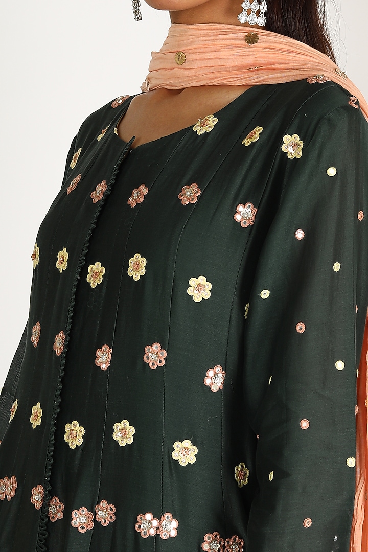 Emerald Green & Peach Embroidered Wedding Anarkali Set by LACHESIS at Pernia's Pop Up Shop