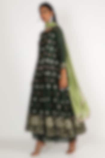 Emerald Green Mirror Embroidered Anarkali Set by LACHESIS