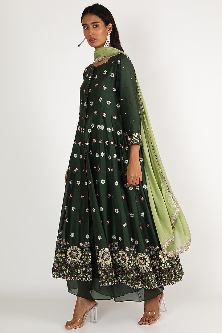 Emerald Green Mirror Embroidered Anarkali Set by LACHESIS