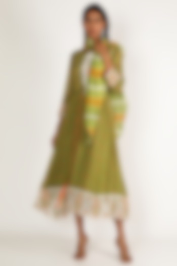 Olive Green Embroidered Midi Dress With Scarf by LACHESIS