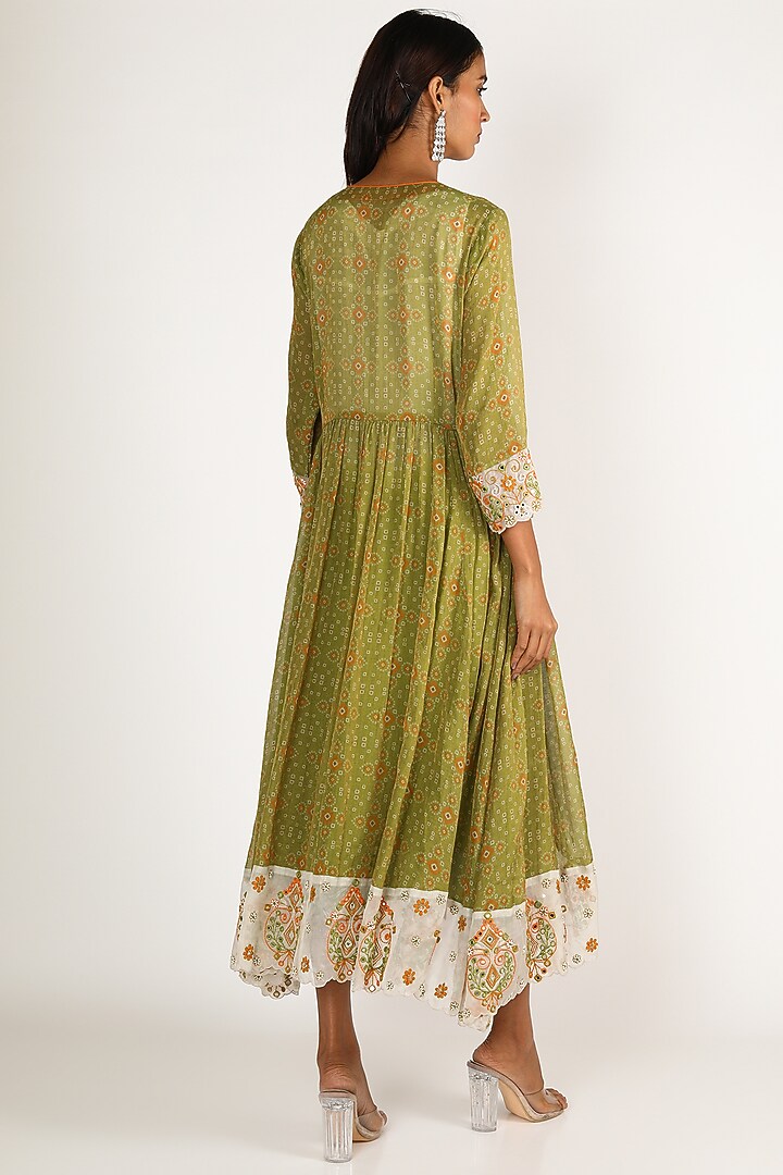 Olive Green Embroidered Midi Vacation Dress With Scarf by LACHESIS at Pernia's Pop Up Shop
