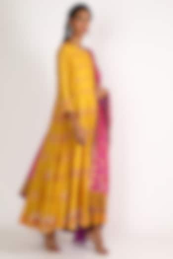 Yellow Embroidered Anarkali Set by LACHESIS