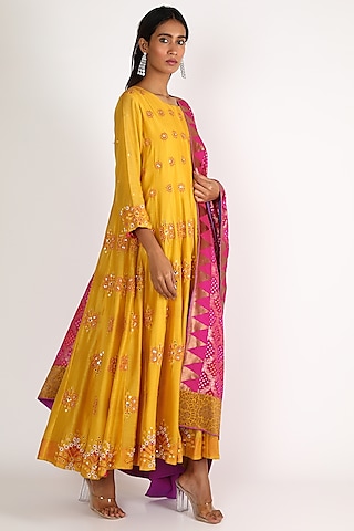 Yellow Embroidered Anarkali Set by LACHESIS