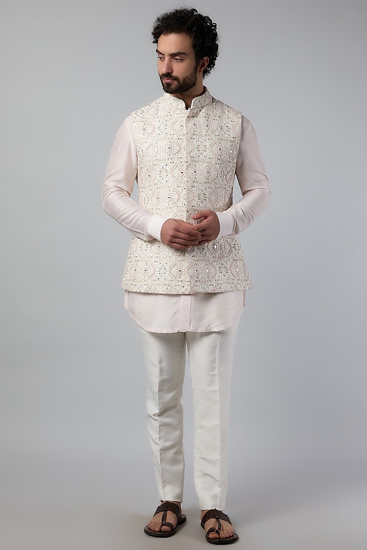 Ivory Suiting Mirror Embroidered Nehru Jacket Set by LABEL CRESTELLI at Pernia's Pop Up Shop