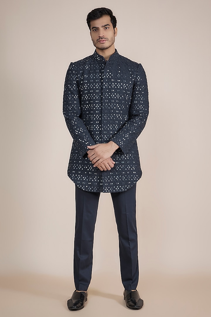 Navy Blue Suiting Embroidered Bandhgala Jacket Set by LABEL CRESTELLI