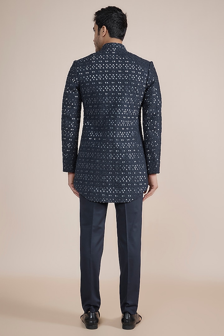 Navy Blue Suiting Embroidered Groom Bandhgala Jacket Set by LABEL CRESTELLI at Pernia's Pop Up Shop
