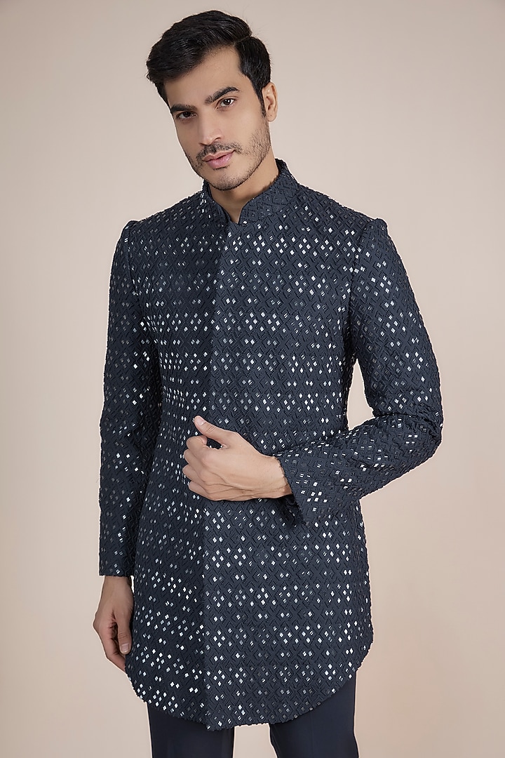 Navy Blue Suiting Embroidered Groom Bandhgala Jacket Set by LABEL CRESTELLI at Pernia's Pop Up Shop
