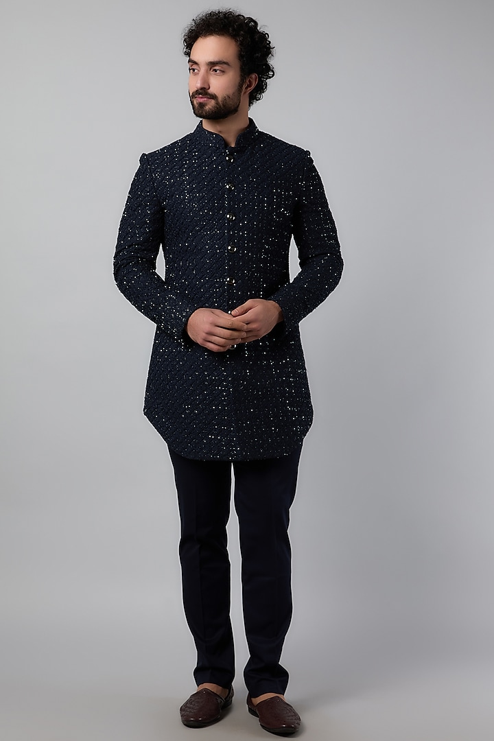 Navy Blue Suiting Cutdana Embroidered Bandhgala Set by LABEL CRESTELLI