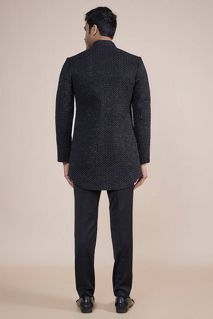 Black Suiting Embroidered Groom Bandhgala Jacket Set by LABEL CRESTELLI at Pernia's Pop Up Shop