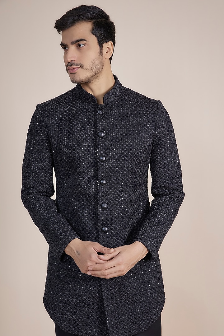 Black Suiting Embroidered Groom Bandhgala Jacket Set by LABEL CRESTELLI at Pernia's Pop Up Shop
