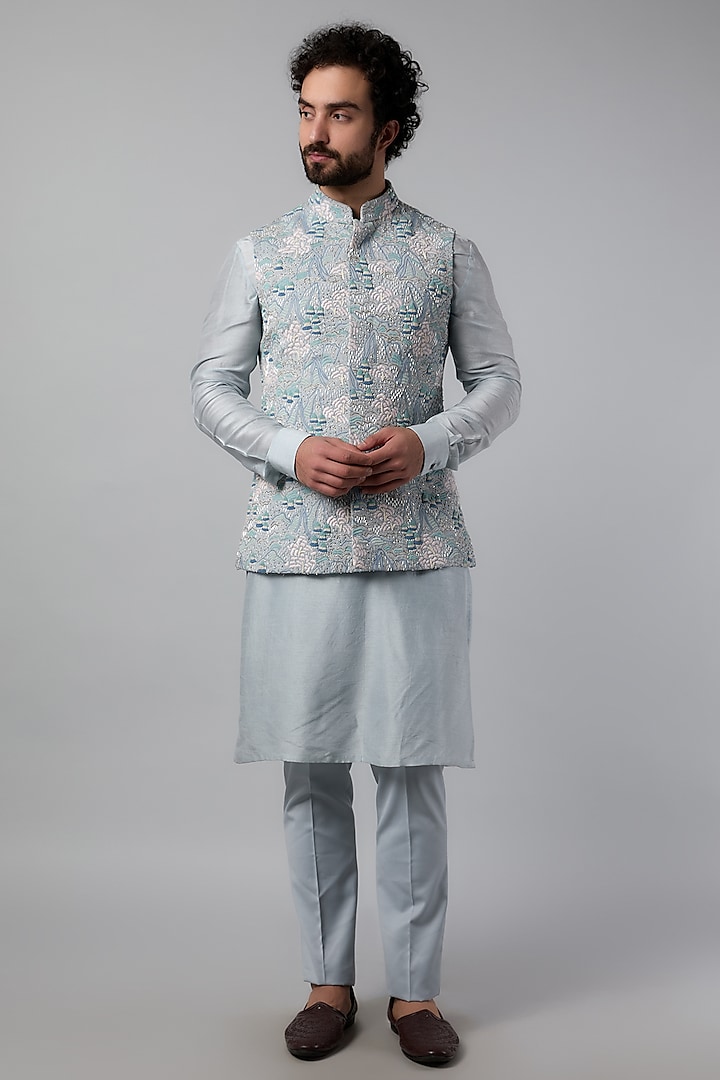 Grey Suiting Bead Embroidered Nehru Jacket Set by LABEL CRESTELLI