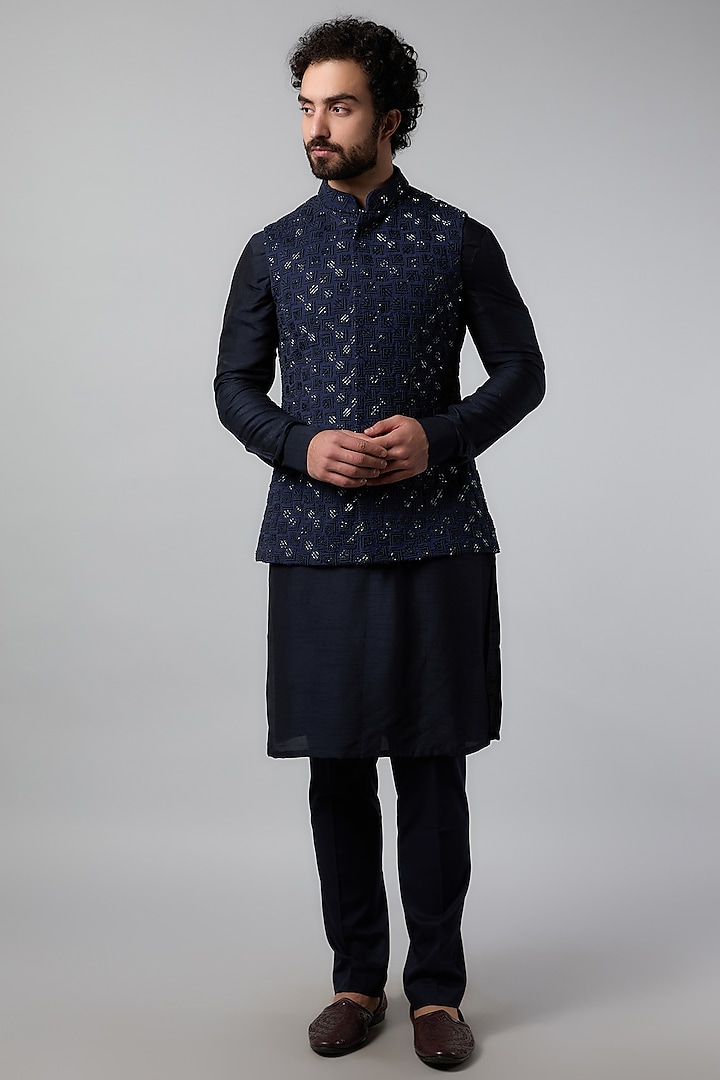 Navy Blue Suiting Cutdana Embroidered Nehru Jacket Set by LABEL CRESTELLI