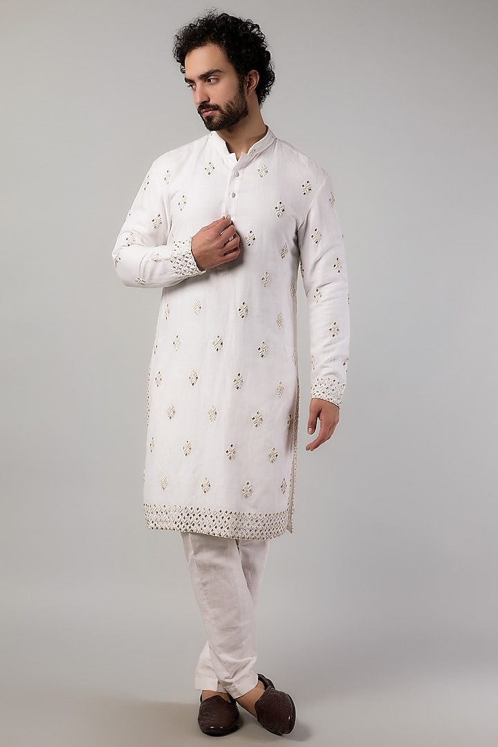 Ivory Cotton Linen French Knot Embroidered Kurta Set by LABEL CRESTELLI